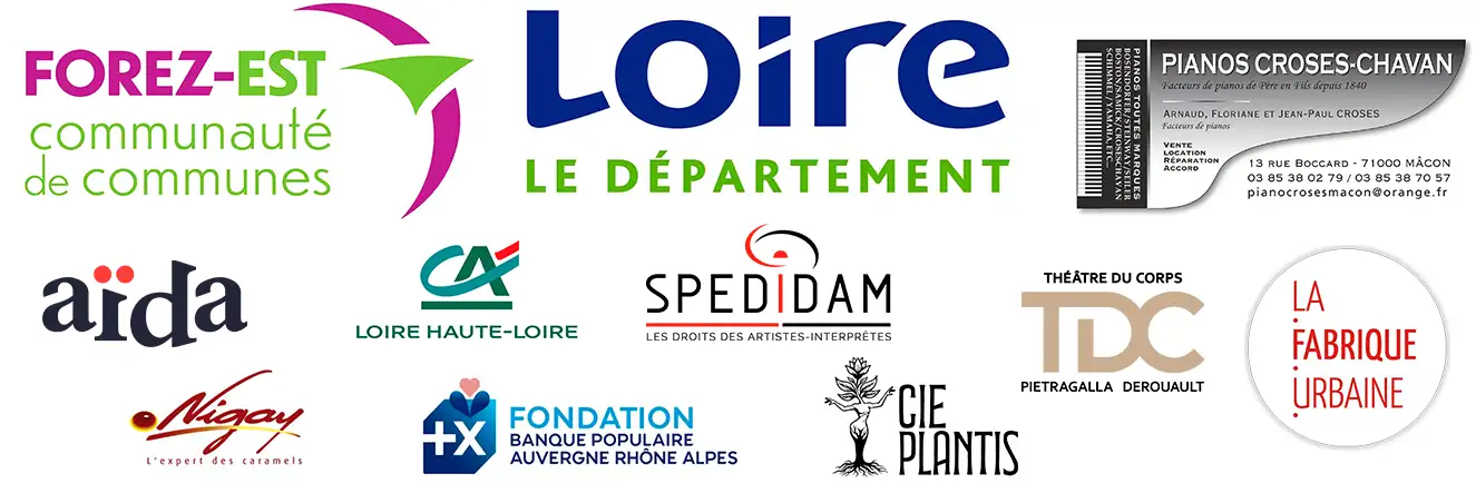 logos Forez est ; Loire le département ; Aïda ; Crédit Agricole ; Nigay caramel ; La Fabrique Urbaine ; Jeux d'ensemble ; Spedidam.